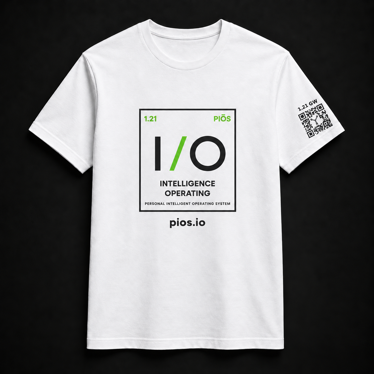 White PIOS T-shirt with the updated I/O logo, sleeve QR design and pios.io